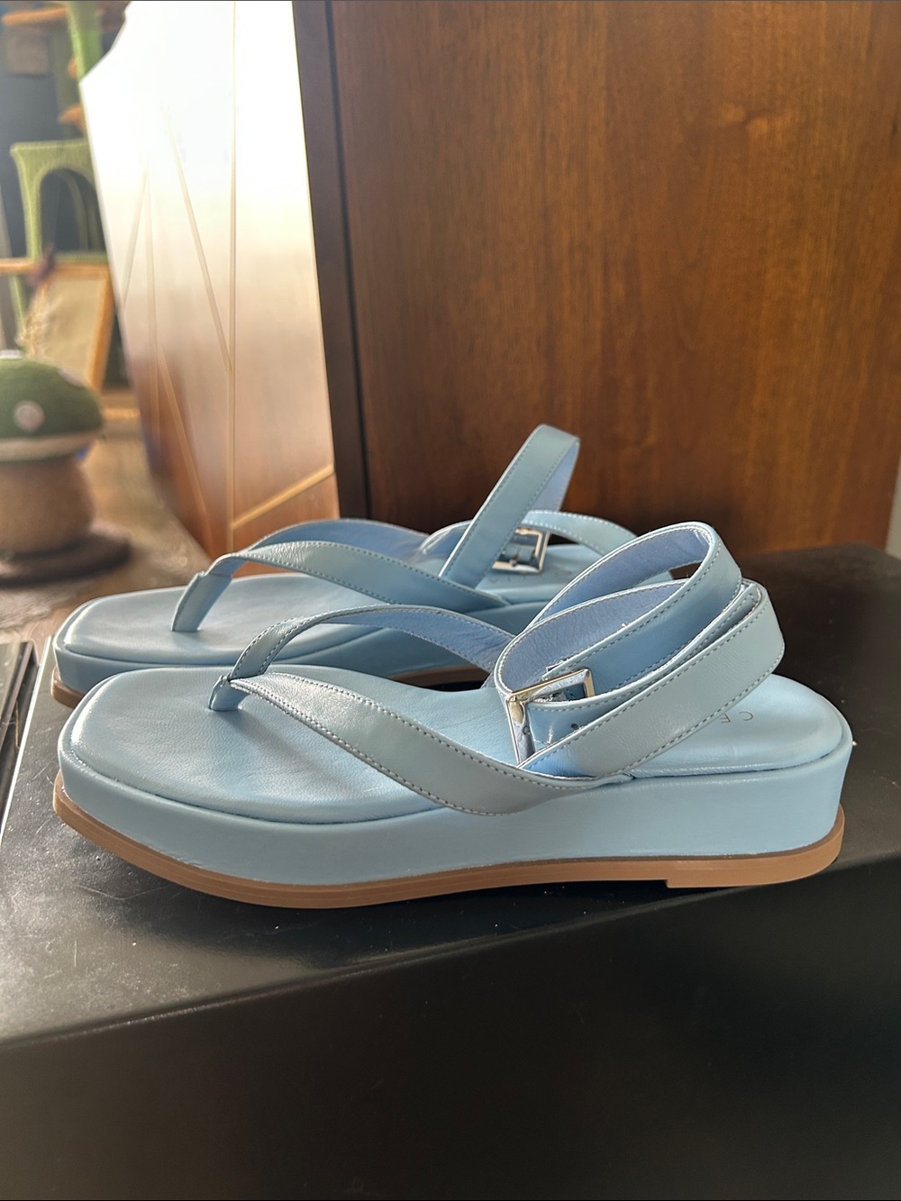 Anthropologie Pale Blue Platform Thong Sandals with Ankle Strap